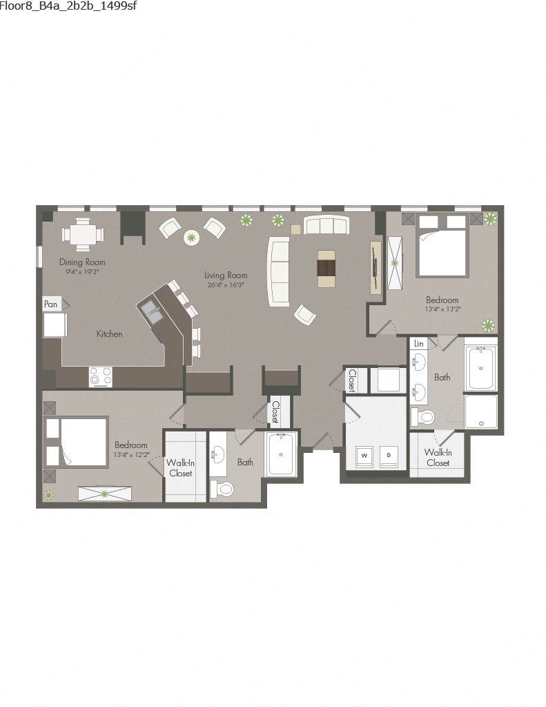 Floor plan for 2 beds, 2 baths, 1499 sqft